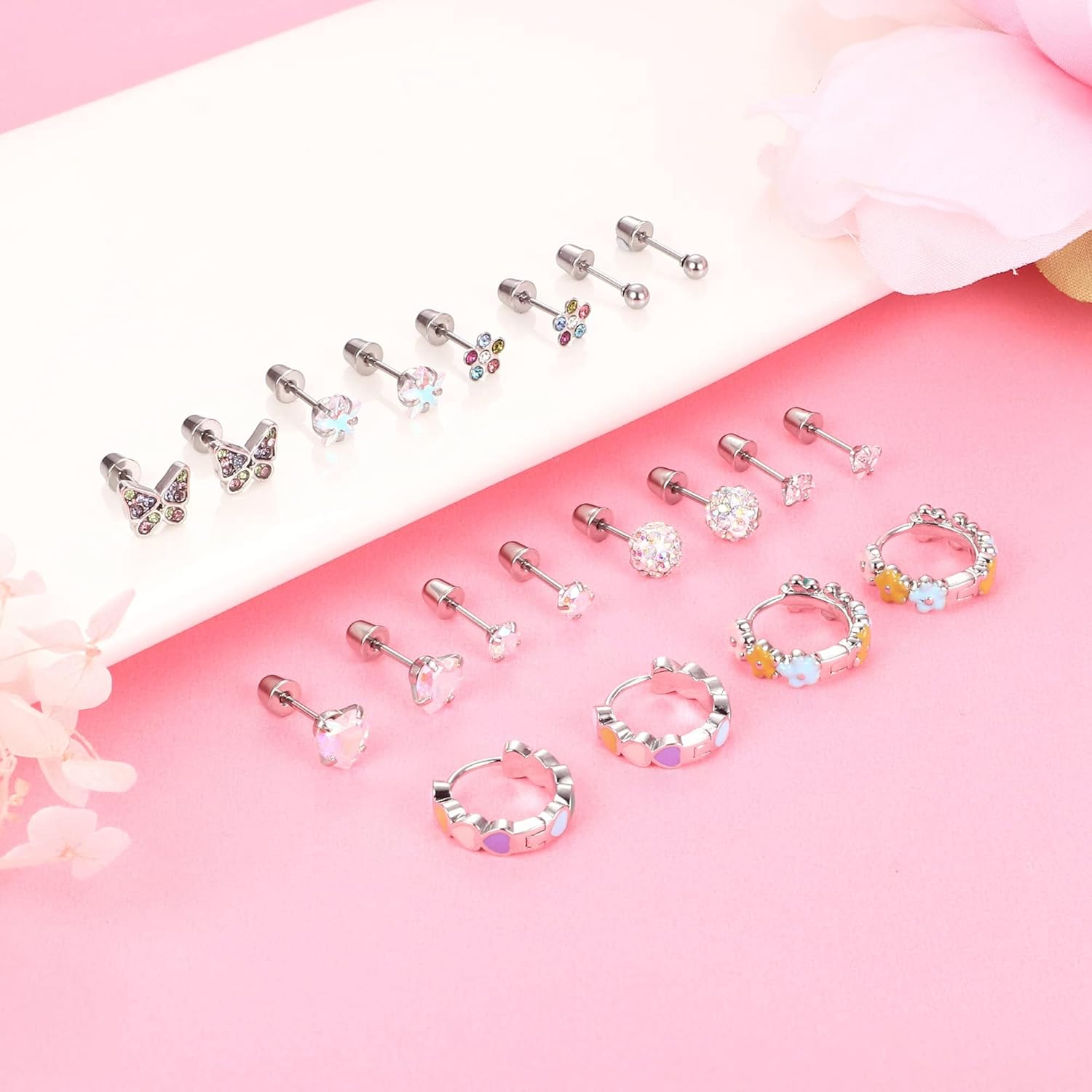 10ペア ピアス レディース 人気 ピアス ネジ式 アレルギー対応 蝶 花 ハート 星 ボール ピアス リング ジルコン サージカルステンレス316L プラチナ おしゃれ 女性 可愛い ピンク カラー ピアス アクセサリー 誕生日 プレゼント クリスマス 記念日 バタフライ ヘリックスピアス - 画像 (3)