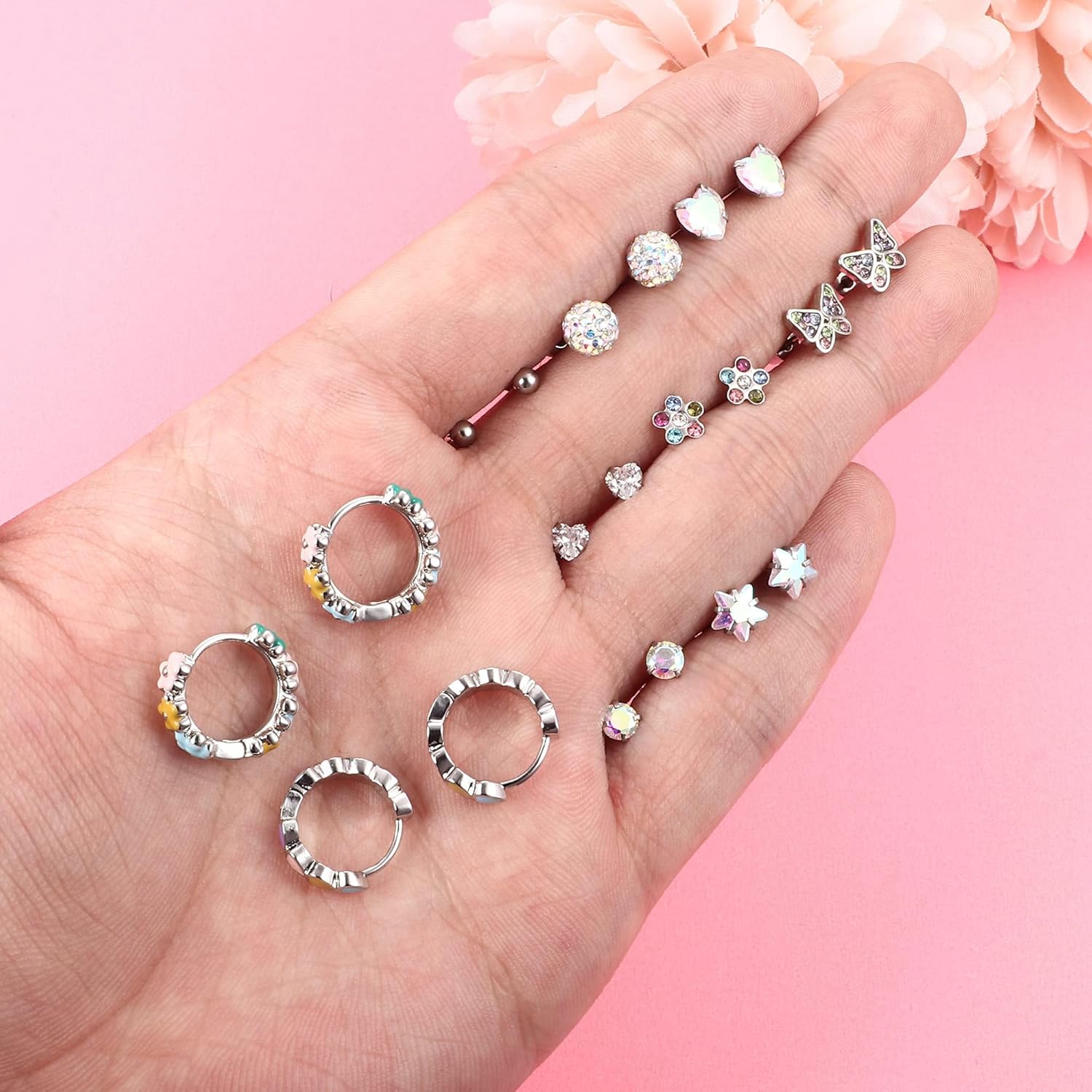 10ペア ピアス レディース 人気 ピアス ネジ式 アレルギー対応 蝶 花 ハート 星 ボール ピアス リング ジルコン サージカルステンレス316L プラチナ おしゃれ 女性 可愛い ピンク カラー ピアス アクセサリー 誕生日 プレゼント クリスマス 記念日 バタフライ ヘリックスピアス - 画像 (6)
